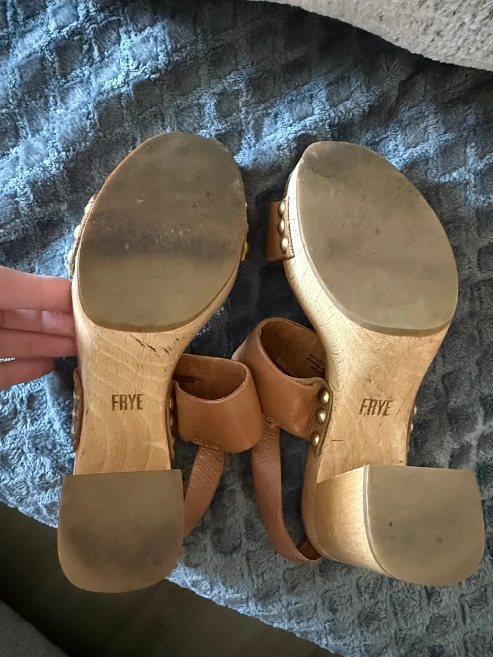 Frye Tan Leather Platform Wedge Sandals